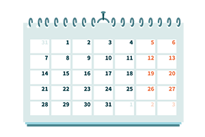 En illustration av en kalender. Det är en översiktsbild av en månad med datum från 1 till 31.