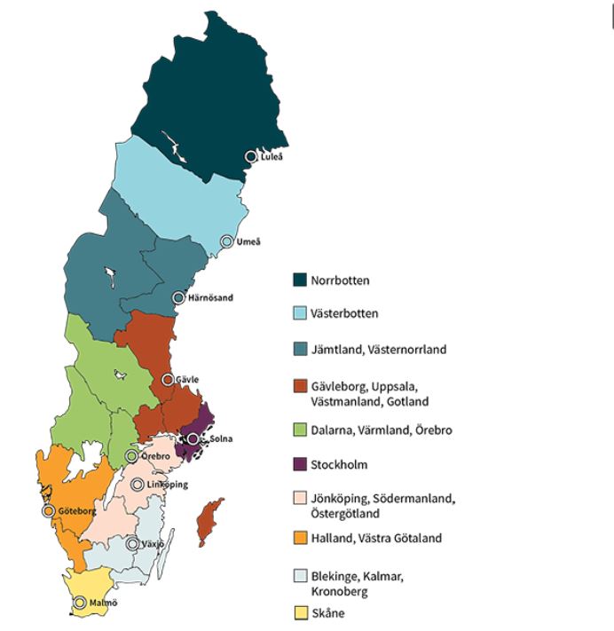 Karta över Sverige med olika regioner färgmarkerade