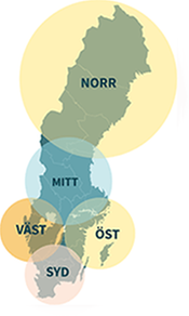 Karta på regioner med lärlingsnätverk inom Sverige