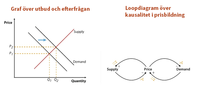 Till vänster syns en graf över utbud och efterfrågan, till höger ett loopdiagram över kausalitet i prisbildning.