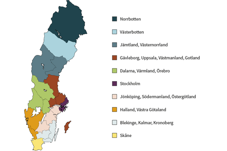 Karta över Sveirge med regionerna markerade för de olika nätverken.