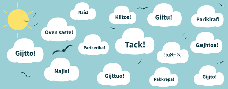Bild som visar moln med ordet Tack på alla Sveriges minoritetsspråk
