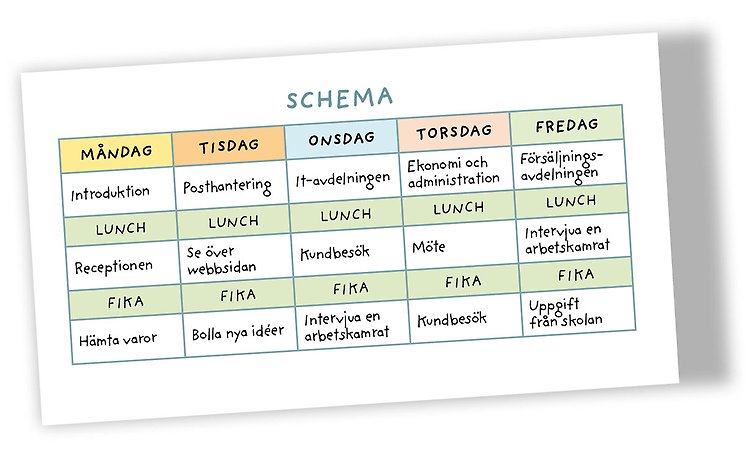 En tecknad bild på ett schema med olika arbetsuppgifter för en praoelev.