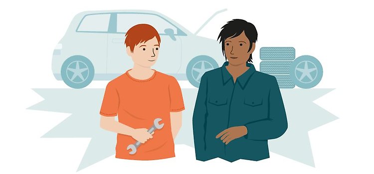 Tecknad bild på en handledare och en elev med verktyg och en bil i bakgrunden.