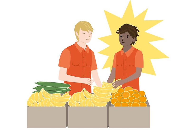 Tecknad bild på elev och handledare i en affär med frukt.