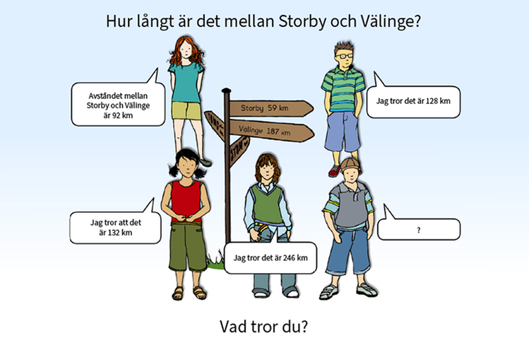 Eleverna diskuterar avståndet mellan Storby och Välinge.