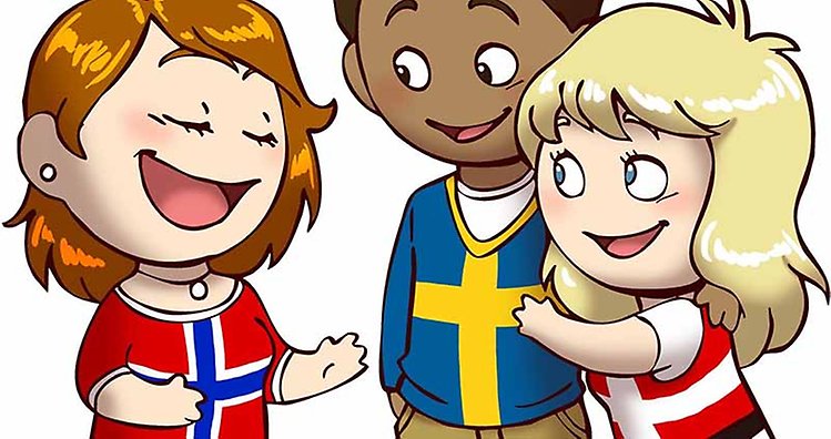 Tre elever iklädda i tröjor med nordiska flaggor