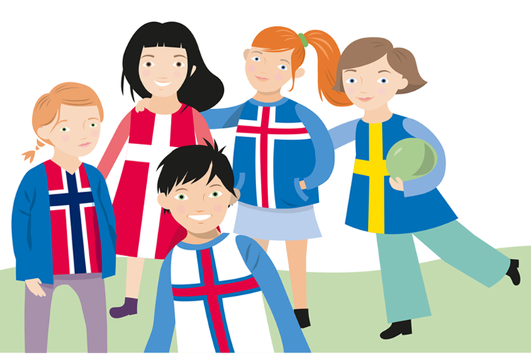 Elever med tröjor som har blir på nordiska länders flaggor