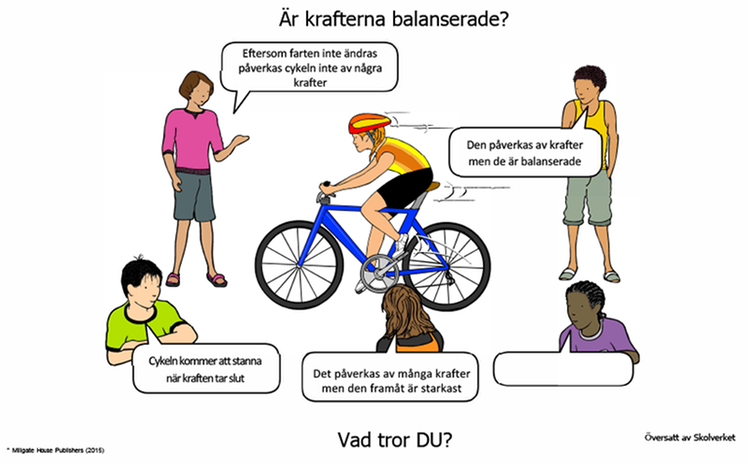 Eleverna på bilden diskuterar om krafterna på cykeln är balanserade.
